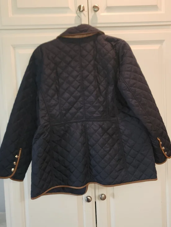 Chico's Size 2 12/14 Quilted Navy Barn Jacket with Brown LeatherTrim - Picture 7 of 10
